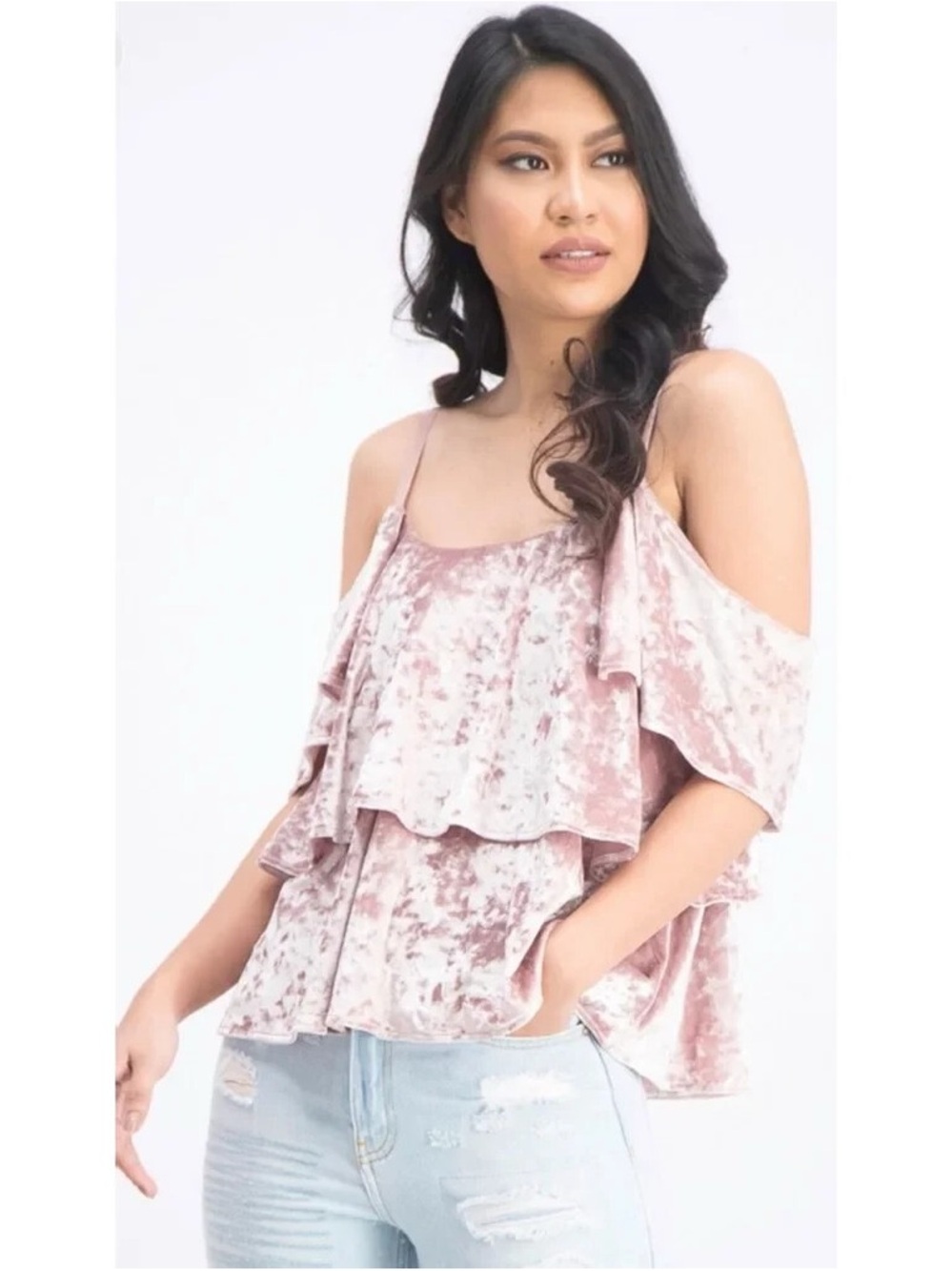 đ SHOW ME YOUR MUMU Rosalie Ruffle Blush Pink Crushed Velvet Top Size Large